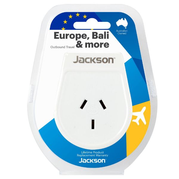 JACKSON PTA8810M - Slim Outbound Travel Adaptor for use in Europe/Bali 3-Pin NZ/AUS Plugs.