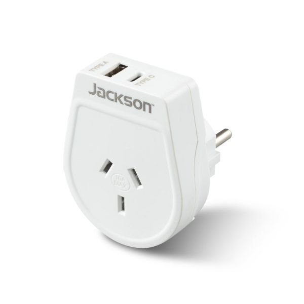 JACKSON PTA8810USBMC - Slim Outbound Travel Adaptor 1x USB-A & 1x USB-C (2.1A) Charging Ports.