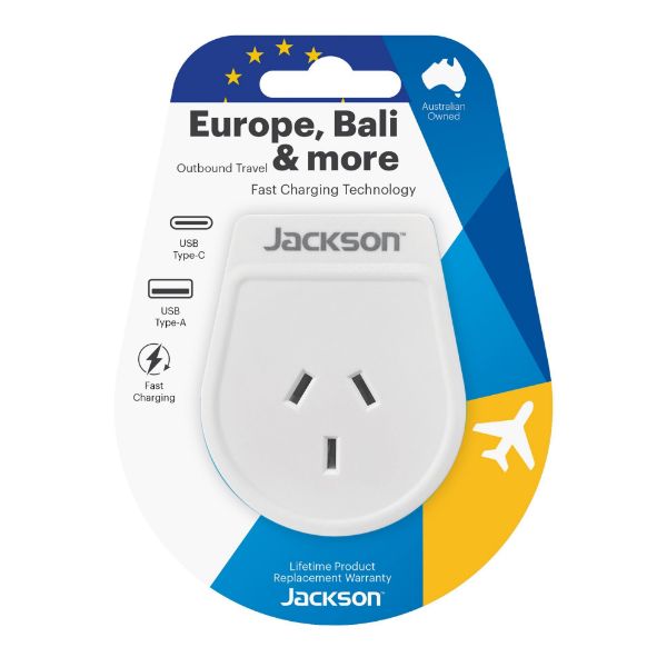 JACKSON PTA8810USBMC - Slim Outbound Travel Adaptor 1x USB-A & 1x USB-C (2.1A) Charging Ports.