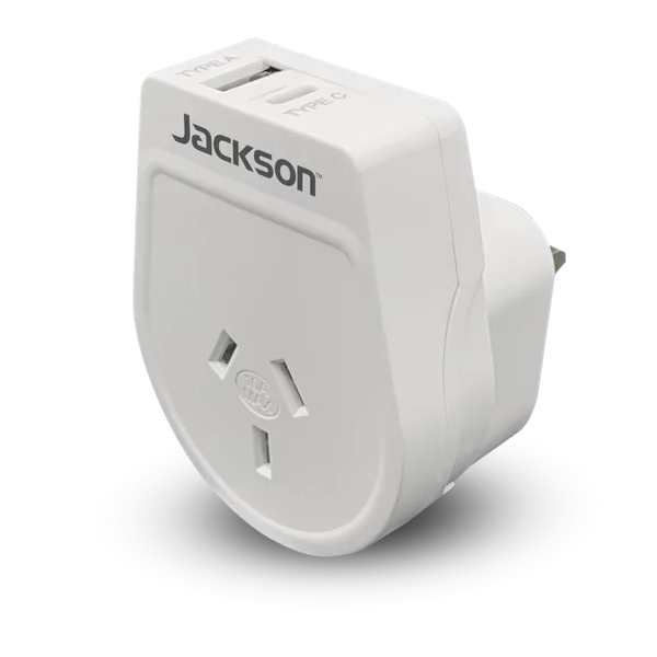 JACKSON PTA8811USBMC - Slim Outbound Travel Adaptor 1x USB-A & 1x USB-C (2.1A) Charging Ports.