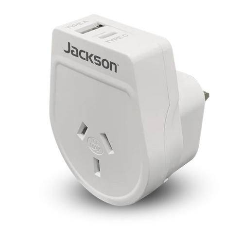 PTA8811USBMC - JACKSON PTA8811USBMC - Slim Outbound Travel Adaptor 1x USB-A & 1x USB-C (2.1A) Charging Ports.