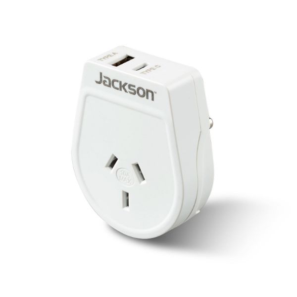 JACKSON PTA8814USBMC - Slim Outbound Travel Adaptor 1x USB-A & 1x USB-C (2.1A) Charging Ports
