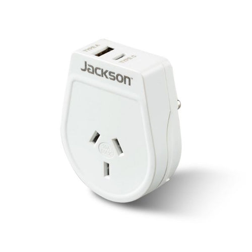 PTA8814USBMC - JACKSON PTA8814USBMC - Slim Outbound Travel Adaptor 1x USB-A & 1x USB-C (2.1A) Charging Ports