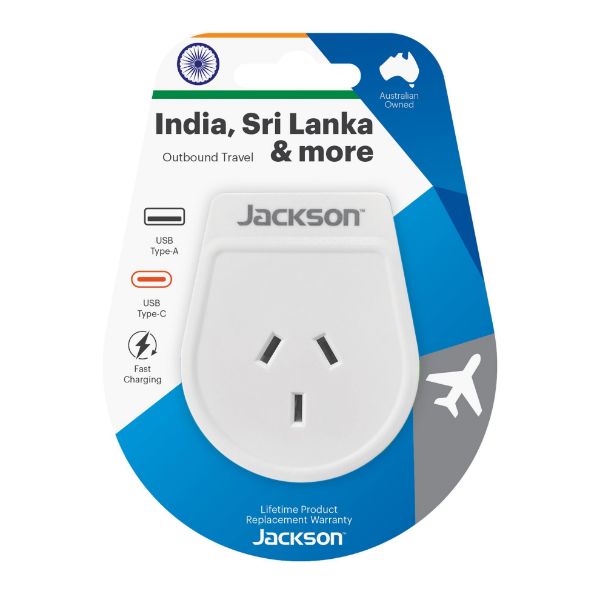 JACKSON PTA8814USBMC - Slim Outbound Travel Adaptor 1x USB-A & 1x USB-C (2.1A) Charging Ports