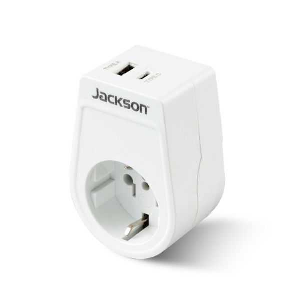 JACKSON PTA929USBMC - Slim Inbound Travel Adaptor 1x USB-A & 1x USB-C (2.1A) Charging Ports.