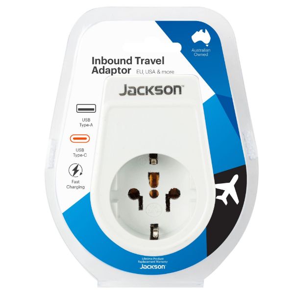 JACKSON PTA929USBMC - Slim Inbound Travel Adaptor 1x USB-A & 1x USB-C (2.1A) Charging Ports.