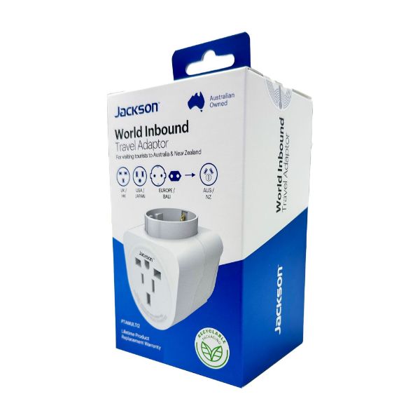 JACKSON PTAMULTI2 - Inbound Travel Adaptor Surge Protection. Converts US UK & European plugs to NZ/AUS.
