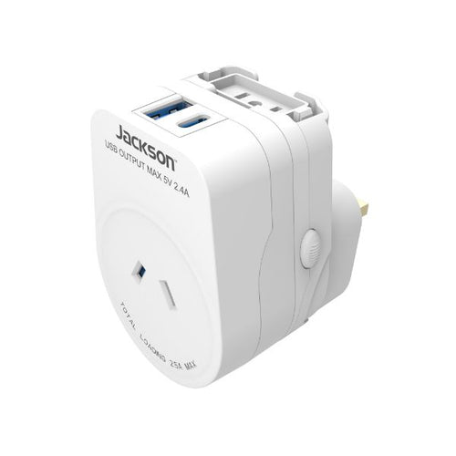 PTAUSBAC - JACKSON PTAUSBAC - Outbound Travel Adaptor with USB-A/C. Converts 2-Pin NZ/AUS Plugs for Use in More than 150