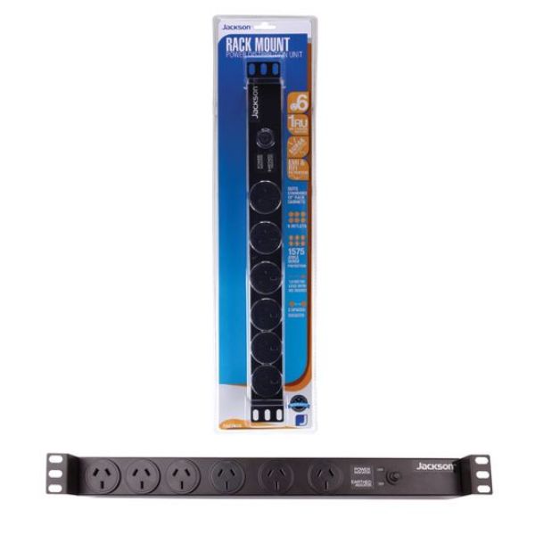 JACKSON RAC0600 - 1RU 6x Outlet Horizontal Power Rail. Surge Protect 525J 10A Overload Protect. 1.8m