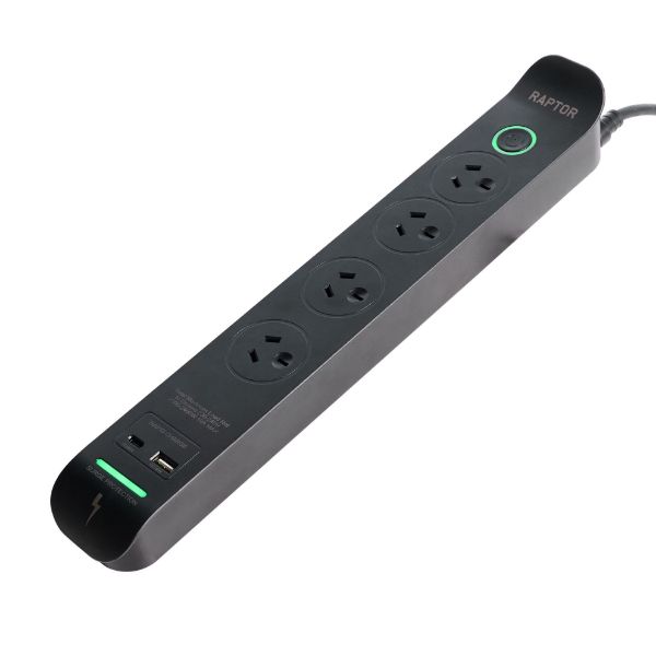 JACKSON RAP445 - Raptor Master Switched 4 Way Surge Protected Powerboard 45W PD USB-C 36W USB-A Ports