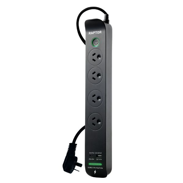 JACKSON RAP445 - Raptor Master Switched 4 Way Surge Protected Powerboard 45W PD USB-C 36W USB-A Ports