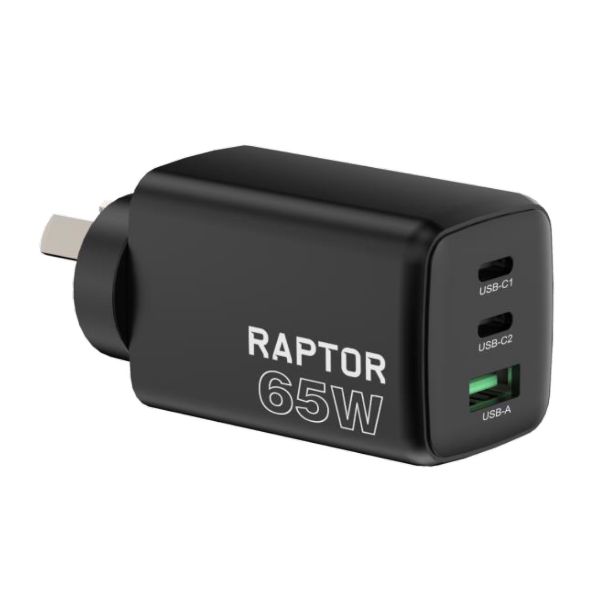 JACKSON RAP65CPD-B - Raptor 65W GaN Charger 2x USB-C 1x USB-A Charging Ports