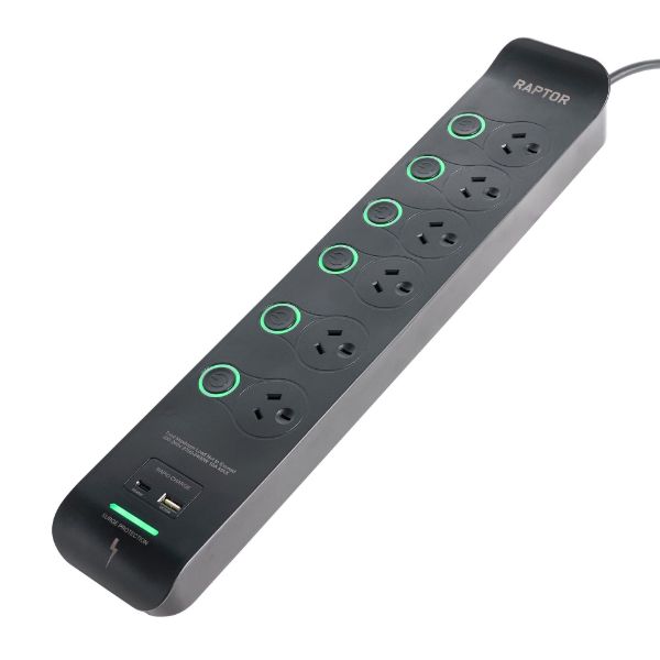 JACKSON RAP6S45 - Raptor Individually Switched 6 Way Surge Protected Powerboard 45W PD USB-C 36W USB-A Ports