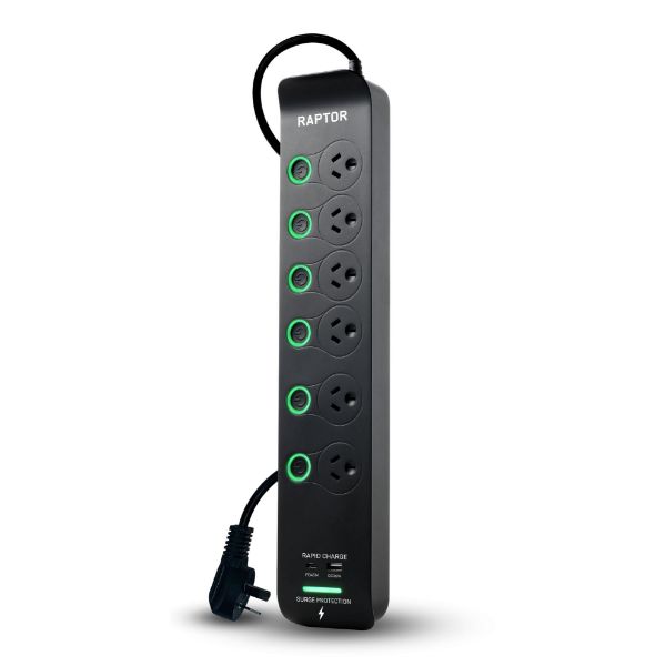 JACKSON RAP6S45 - Raptor Individually Switched 6 Way Surge Protected Powerboard 45W PD USB-C 36W USB-A Ports