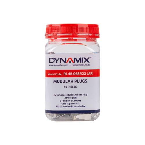 RJ-45-C6SR23-JAR - DYNAMIX RJ-45-C6SR23-JAR - RJ45 Cat6/6A/7 23AWG Solid Shielded Round Modular Plug 50pc Jar