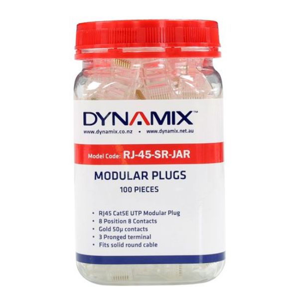 DYNAMIX RJ-45-SR-JAR - RJ45 Plug 100pc Jar 8P8C Modular Plug 50 Micron Compatible w/ Stranded & Solid