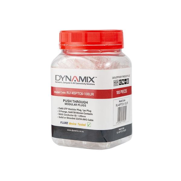 DYNAMIX RJ-45PTC6-100-JR - Cat6 UTP Push Through Plug 100pc Jar for Solid/Stranded Cable Conductor size : 1.05mm