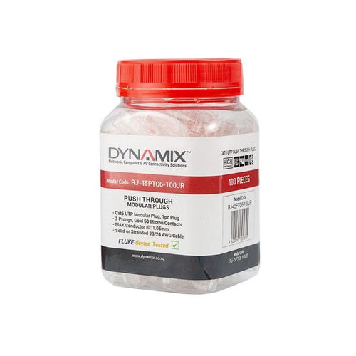 RJ-45PTC6-100-JR - DYNAMIX RJ-45PTC6-100-JR - Cat6 UTP Push Through Plug 100pc Jar for Solid/Stranded Cable Conductor size : 1.05mm