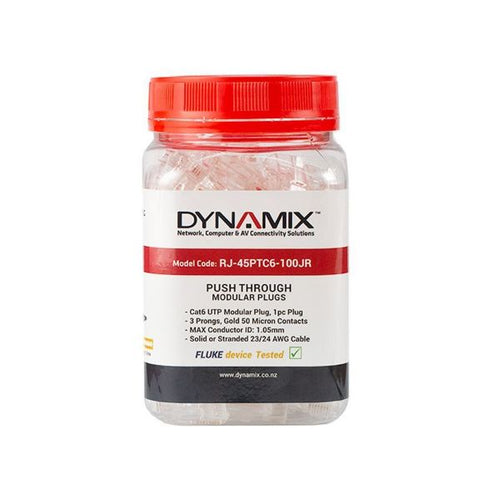 RJ-45PTC6-100-JR - DYNAMIX RJ-45PTC6-100-JR - Cat6 UTP Push Through Plug 100pc Jar for Solid/Stranded Cable Conductor size : 1.05mm