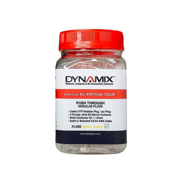 DYNAMIX RJ-45PTC6A-100JR - Cat6/6A UTP Push Through 100pc Jar for Solid/Stranded Cable Conductor size : 1.15mm