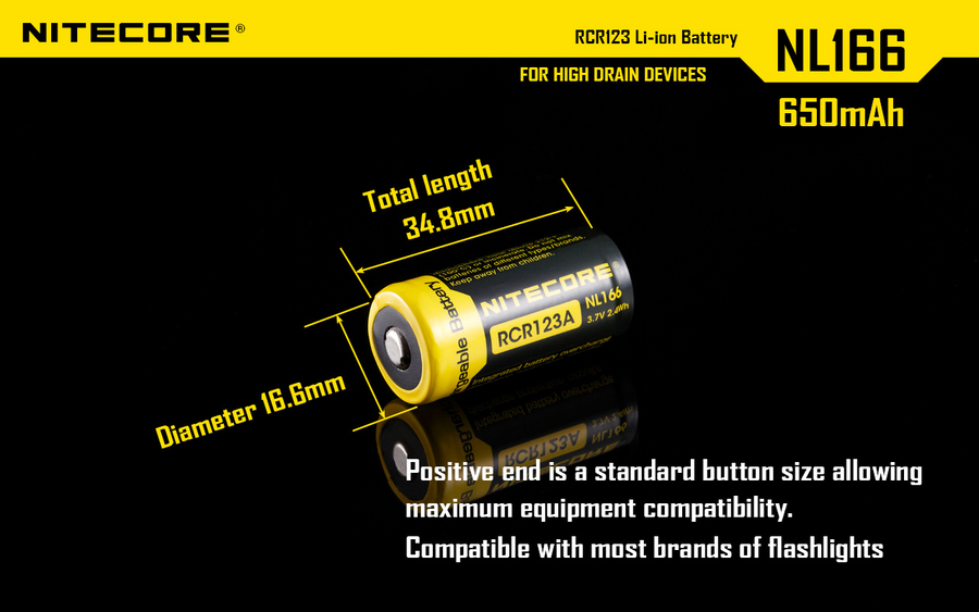 NL166 - NITECORE LI-ION RECHARGEBALE BATTERY RCR123A (3.7V; 650mAh)