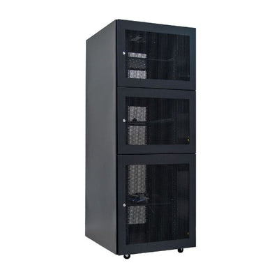 Dynamix 45RU Co-Location Server Cabinet with 3 Compartments. 1000mm Deep (800 x 1000 x 2210mm). Split Bottom to top 18U 12U 12U. Welded fixed side panels Lock 19mm cut out only. Fans, 3 shelves, 1