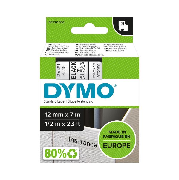 DYMO S0720500 - Genuine D1 Label Cassette Tape 12mm x 7M Black on Clear. Suitable for the LabelManager