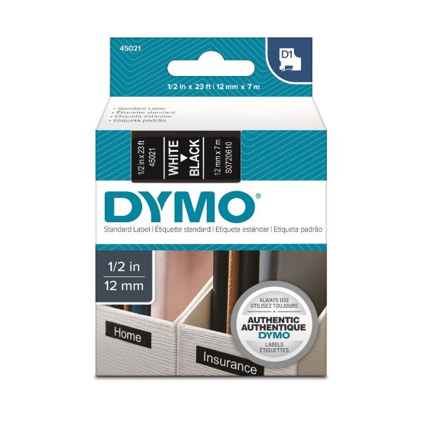 DYMO S0720610 - Genuine D1 Label Cassette Tape 12mm x 7M White on Black Suitable for the Label Manage