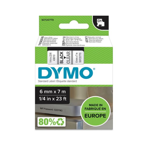 DYMO S0720770 - Genuine D1 Label Cassette Tape 6mm x 7M Black on Clear Suitable for the Label Manager