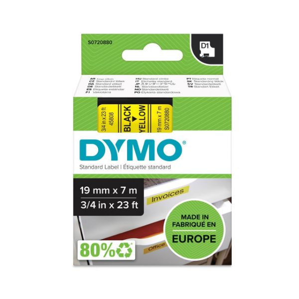 DYMO S0720880 - Genuine D1 Label Cassette Tape 19mm x 7M Black on Yellow Suitable for the Label Manager