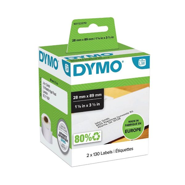 DYMO S0722370 - Genuine LabelWriter Address Labels (Self-Adhesive). 28mm x 89mm labels. Black on White.