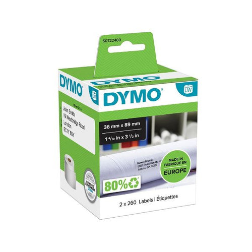 S0722400 - DYMO S0722400 - Genuine LabelWriter Address Labels (Self-Adhesive). 36mm x 89mm labels. Black on White.