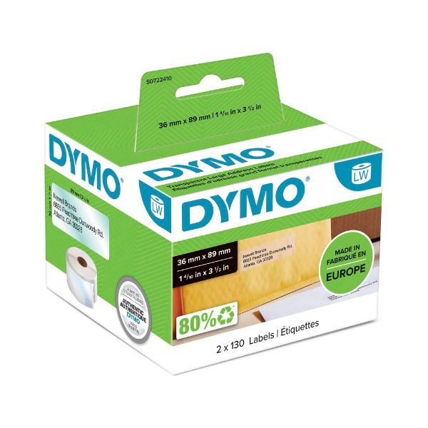 DYMO S0722410 - Genuine LabelWriter Large Address Labels 36mm x 89mm Clear Plastic 260 lables/ roll