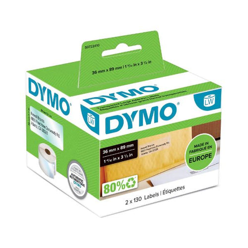 S0722410 - DYMO S0722410 - Genuine LabelWriter Large Address Labels 36mm x 89mm Clear Plastic 260 lables/ roll