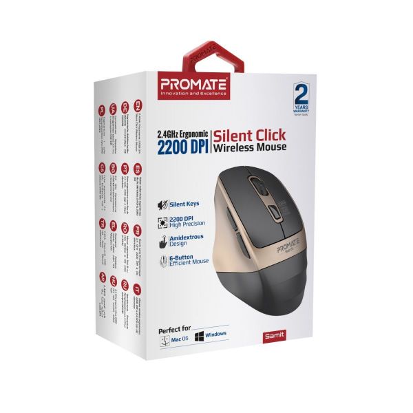 PROMATE SAMIT-GLD - Ergonomic Silent Click Wireless Mouse up to 2200 DPI. 10m Working Range. Plug & Play