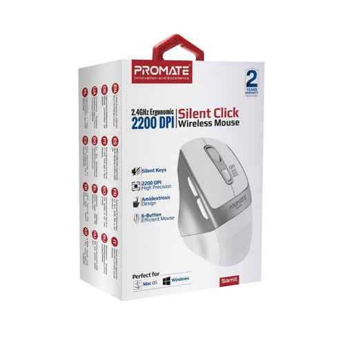 SAMIT-WHT - PROMATE SAMIT-WHT - Ergonomic Silent Click Wireless Mouse up to 2200 DPI. 10m Working Range. Plug & Play