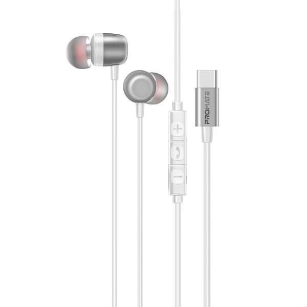 PROMATE SILKEN-ENC-WHT - In-Ear Ergonomic USB-C Wired ENC Stereo Earphones. In-line Microphone & Volume