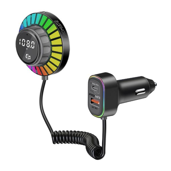 PROMATE SMARTUNE-EXT - RGB FM Transmitter w/ Handsfree & 30W PD & QC3.0 Includes 1.5m Extenstion Cord