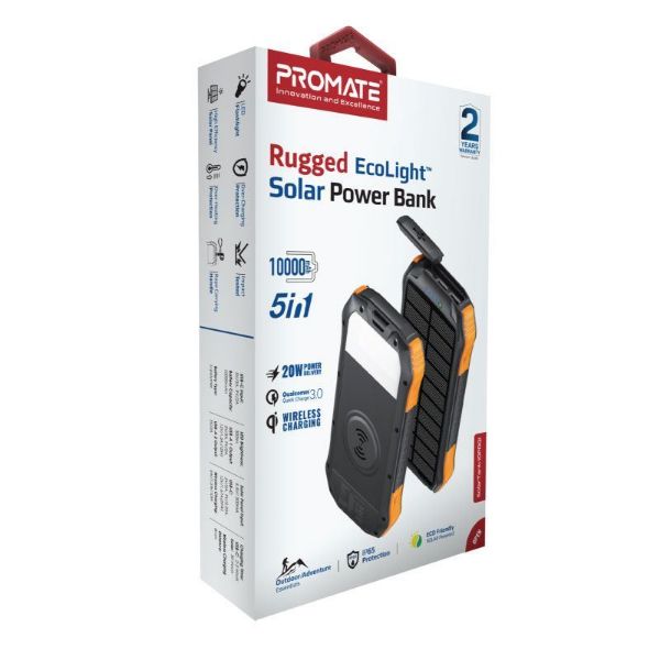 PROMATE SOLARTANK-10PDQI - 10000mAh Rugged EcoLight Solar IP65 Power Bank w/ 10W Wireless Qi Charging
