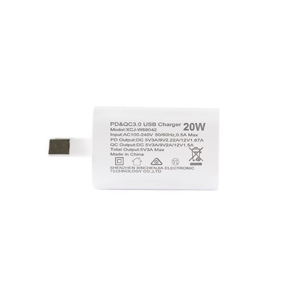 DYNAMIX SPAPD20-CA - 20W 5V/3A USB-C + QC3.0 USB-A Universal Compact Wall Charger Supports Fast Charge for Apple