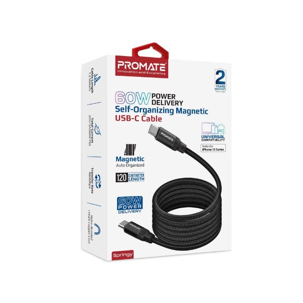 PROMATE SPRINGY-BLK - 1.2m USB-C to USB-C Cable Self-Organising Auto Untangle Supports 60W Power Delivery