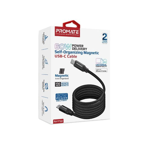 SPRINGY-BLK - PROMATE SPRINGY-BLK - 1.2m USB-C to USB-C Cable Self-Organising Auto Untangle Supports 60W Power Delivery