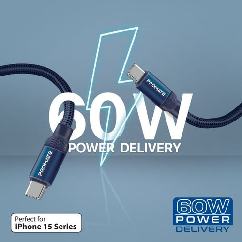 SPRINGY-BLUE - PROMATE SPRINGY-BLUE - 1.2m USB-C to USB-C Cable Self-Organising Auto Untangle Supports 60W Power Delivery
