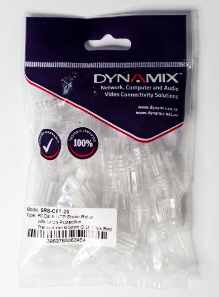 SRS-C65-20 - DYNAMIX SRS-C65-20 - Transparent Cat6 UTP Strain Relief Boot Latch Protection 6.5mm Outside Diameter 20pk