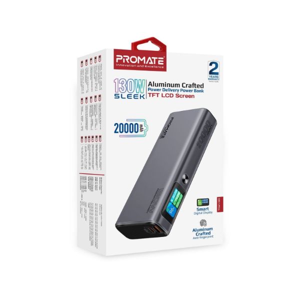 PROMATE TITAN-130 - 20000mAh 130W Sleek PD Aliminium Power Bank w/ LCD Screen. 1x 60W & 1x 100W