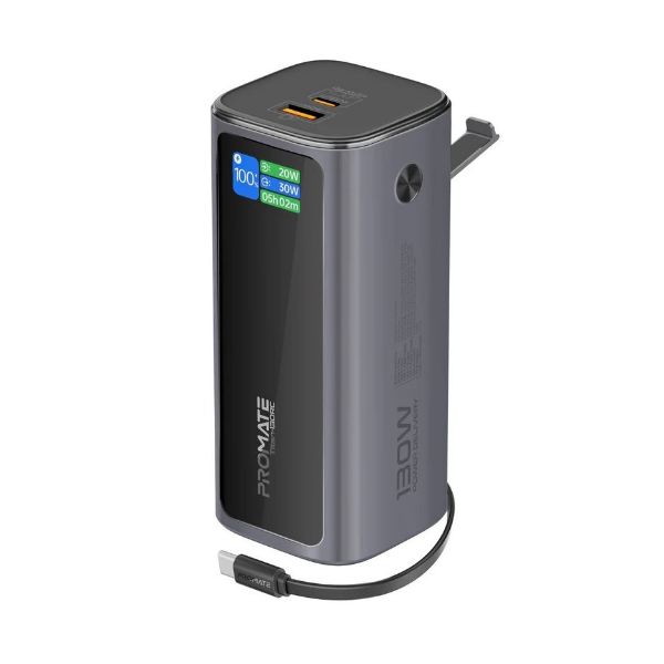 TITAN-130RC - PROMATE 20000mAh 130W Aluminium Power Bank with Rectractable USB-C Cable & LCD Screen. Supports 100W PD, 30W QC 3.0 Port, Built-in Phone Stand.