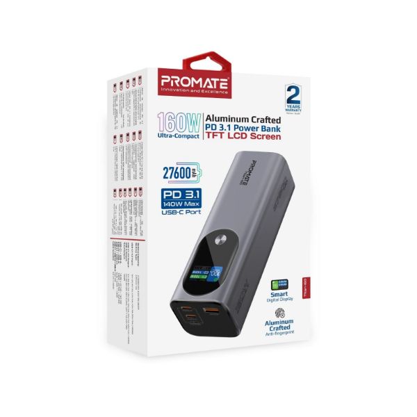 PROMATE TITAN-160 - 27600mAh 160W Ultra Compact Aluminium PD3.1 Power Bank LCD Screen.