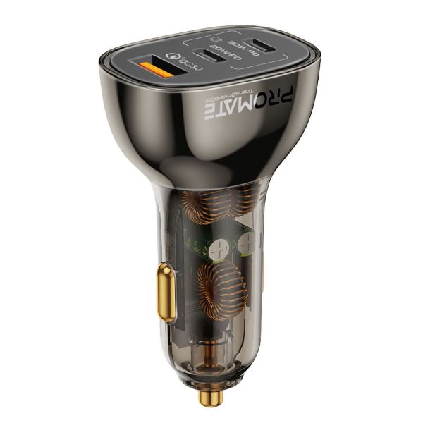 PROMATE TRANSDRIVE-80W - 80W Quick Charging In-Car Adapter for Tablets & phones. 30W & 20W PD USB-C Ports.