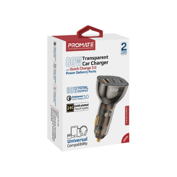 PROMATE TRANSDRIVE-80W - 80W Quick Charging In-Car Adapter for Tablets & phones. 30W & 20W PD USB-C Ports.