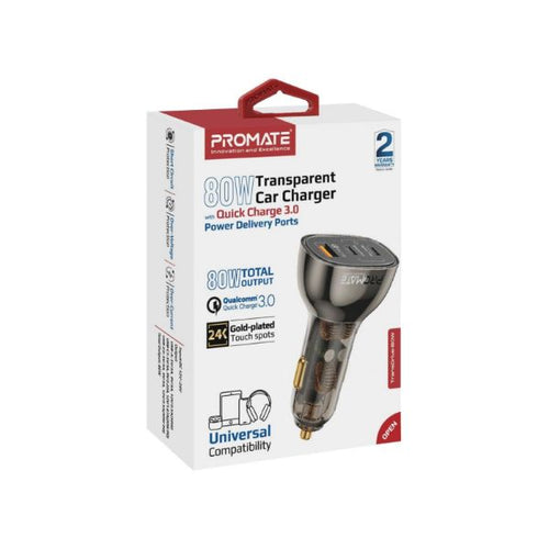TRANSDRIVE-80W - PROMATE TRANSDRIVE-80W - 80W Quick Charging In-Car Adapter for Tablets & phones. 30W & 20W PD USB-C Ports.